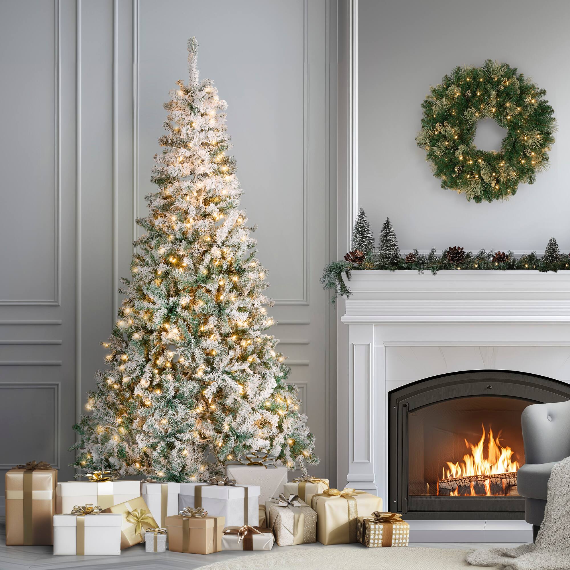 7.5ft Pre-Lit Acacia Flocked Artificial Christmas Tree, Clear Lights
